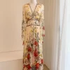 Elegant 2025 V-neck Beaded Green Flower Print Silk Dress with Ruffles