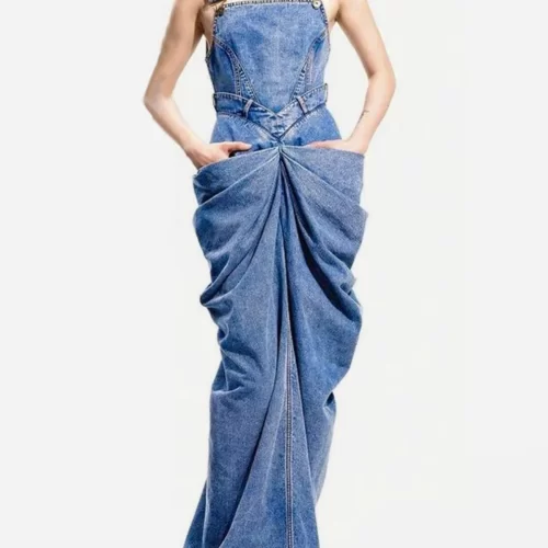 Elegant Denim Maxi Dress: Vintage Bodycon Sleeveless Ruched Design for Summer 2025